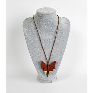 Vintage 1970's Wooden Butterfly Long Boho Hippie Necklace Leather Strap Bohemian
